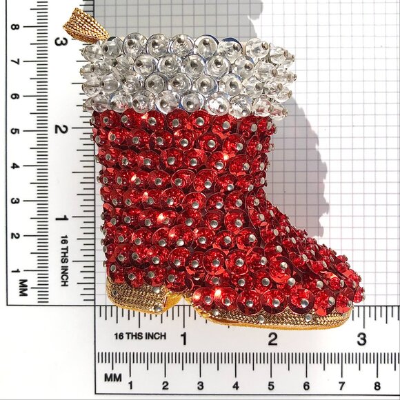 Vintage Push Pin Christmas Ornament Santa's Boot Handcrafted Red Sequins Beaded - Picture 14 of 14